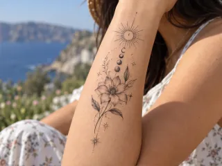 Fine line sun moon phases and flower forearm tattoo