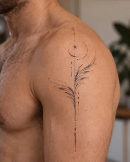 Fine line abstract feather and moon shoulder tattoo