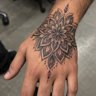 Blackwork mandala floral hand tattoo with dotwork details