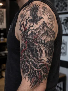 Realism raven tree mountain and waterfall upper arm tattoo