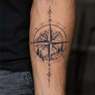 Fine line compass with mountain and forest forearm tattoo