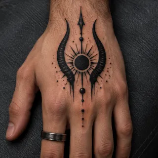 Blackwork sun and horn symbol hand tattoo