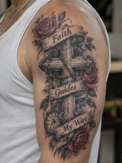 Realism cross roses and compass banner upper arm tattoo