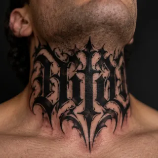Blackwork gothic lettering and ornamental throat tattoo