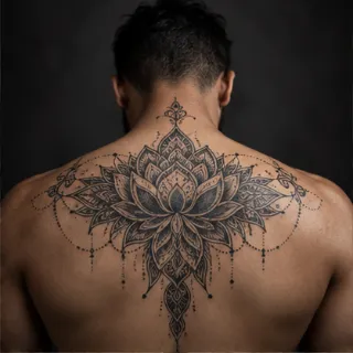 Ornamental mandala lotus flower upper back tattoo