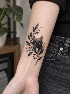 Blackwork cat and foliage forearm tattoo