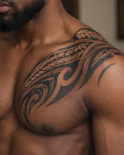 Polynesian tribal style chest and shoulder tattoo