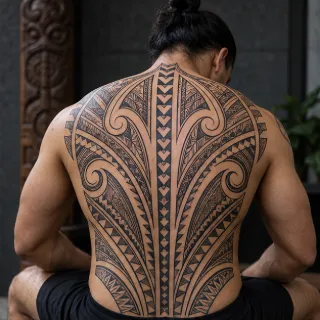 Polynesian tribal blackwork full back tattoo