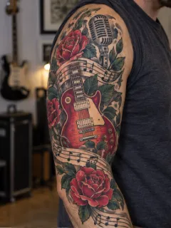 Neo traditional guitar microphone and rose music sleeve tattoo
