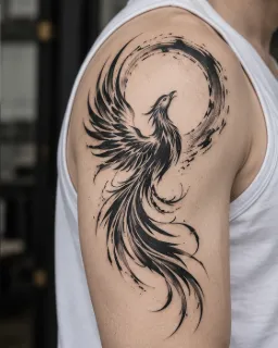 Blackwork brushstroke phoenix and circle shoulder tattoo