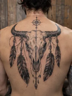Blackwork bull skull compass and feathers back tattoo