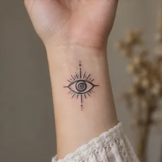 Minimalist fine line eye and spiral wrist tattoo