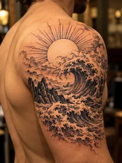 Blackwork sun ocean wave and mountain shoulder tattoo