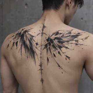 Abstract geometric wings and celestial symbols back tattoo