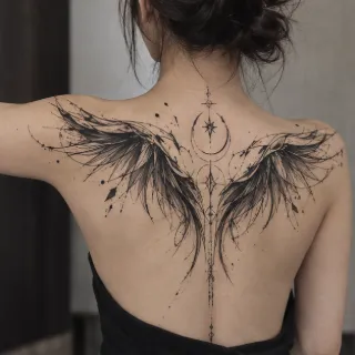 Fine line wings and celestial symbols upper back tattoo