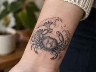 Blackwork crab and ocean wave forearm tattoo