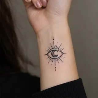 Fine line eye and crescent moon wrist tattoo