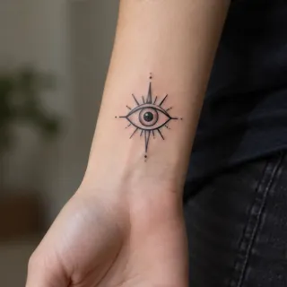 Minimalist evil eye and starburst wrist tattoo