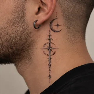 Fine line crescent moon and compass star neck tattoo