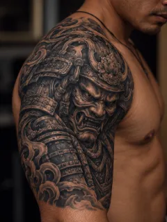 Detailed japanese samurai warrior mask shoulder and arm tattoo