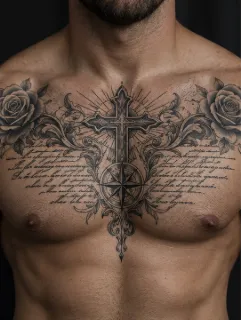 Black and grey cross roses and script chest tattoo
