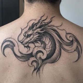 Blackwork dragon and swirling waves upper back tattoo