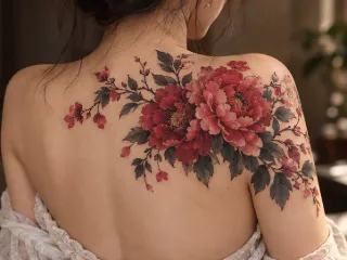 Red peony flower and branch upper back shoulder tattoo