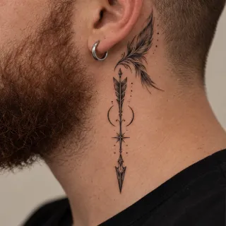 Fine line arrow and feather neck tattoo