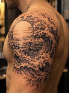 Japanese style ocean wave and sun shoulder tattoo