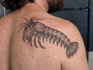 Detailed blackwork lobster back shoulder tattoo