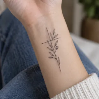 Fine line cross and olive branch wrist tattoo