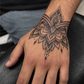 Geometric mandala style floral hand and wrist tattoo