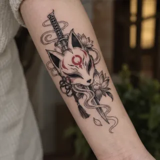 Japanese fox mask sword and lotus flower forearm tattoo