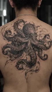 Detailed black and grey octopus back tattoo