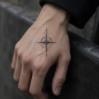 Minimalist fine line compass star hand tattoo
