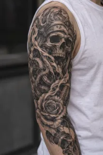 Realism skull in helmet with snake and rose arm tattoo