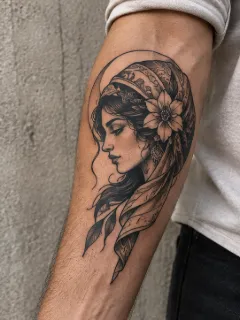 Blackwork portrait of a woman with headscarf and flower tattoo