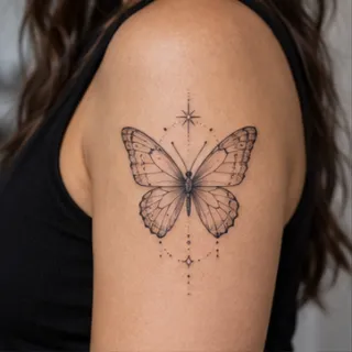 Fine line butterfly with celestial stars upper arm tattoo