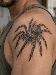 Realistic black and grey spider shoulder tattoo