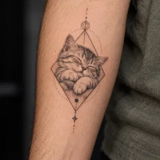 Fine line geometric sleeping kitten forearm tattoo