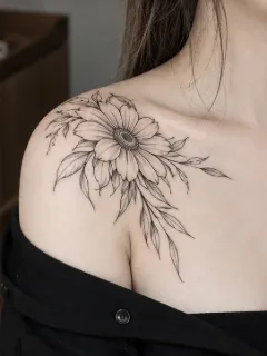 Fine line floral shoulder and collarbone tattoo