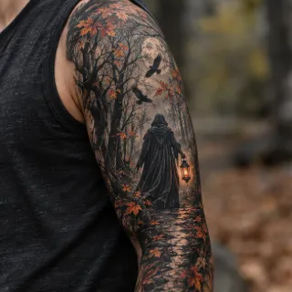Realism forest scene with hooded figure and lantern arm tattoo