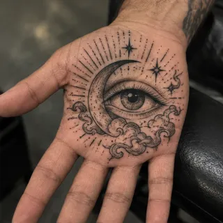 Blackwork eye crescent moon and stars palm tattoo