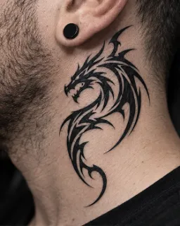 Tribal dragon design black ink neck tattoo