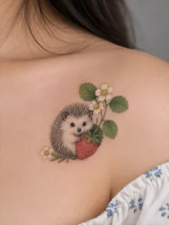 Small colorful hedgehog and strawberry collarbone tattoo