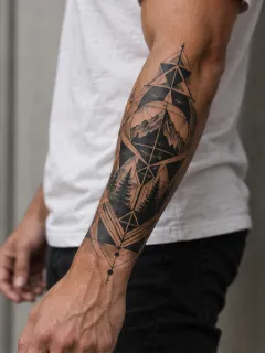 Geometric mountain and forest landscape forearm tattoo