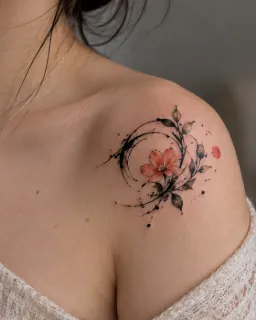 Watercolor flower and abstract circular lines shoulder tattoo