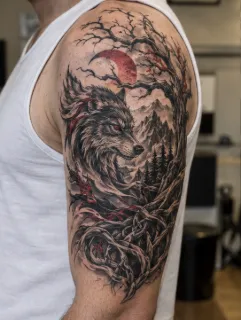 Realism wolf and forest landscape upper arm tattoo