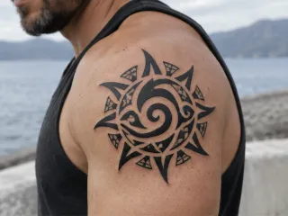 Tribal sun design blackwork shoulder tattoo
