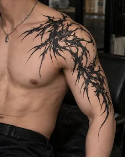 Abstract blackwork thorn and vine shoulder and arm tattoo
